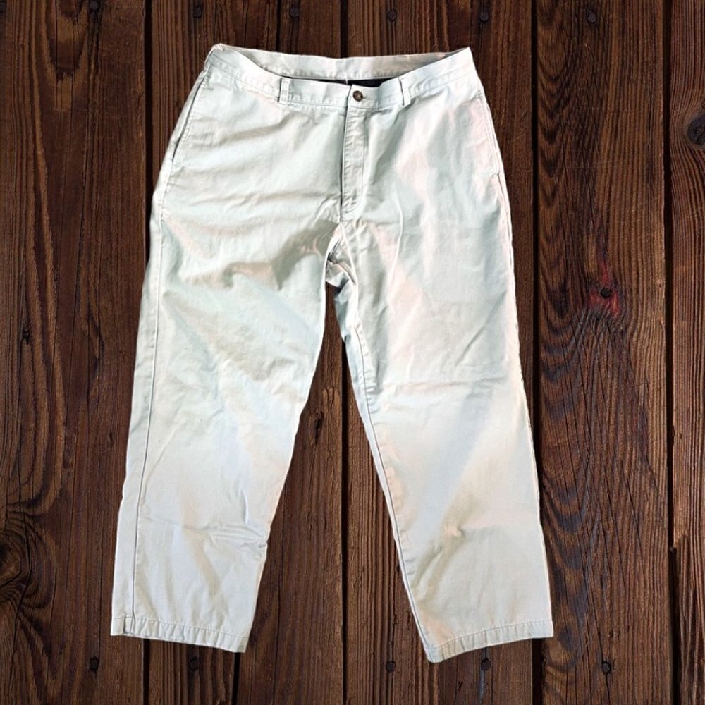 LL BEAN Flannel Lined KHAKI Flat Front Chino Twill Pants Mens 38 x 30